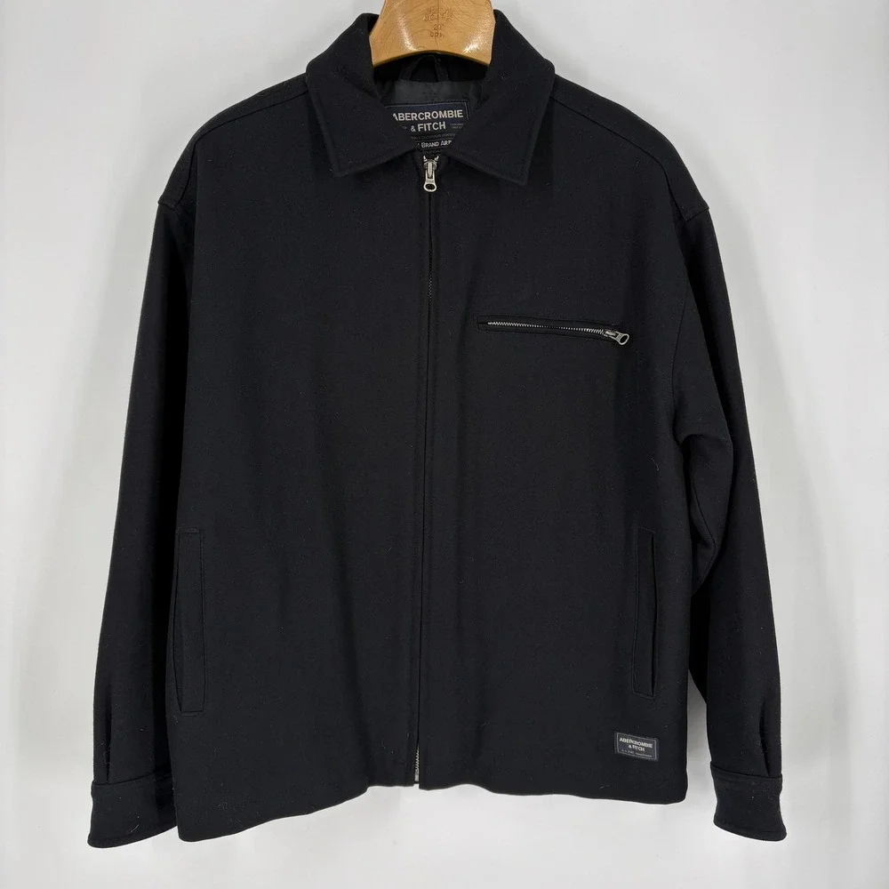 Abercrombie & Fitch Jacket Mens‎ Medium Black Wool Full Zip Bomber Lined Classic
